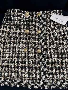 10 Crosby Derek Lam Black & White Sequin Tweed Blazer with Gold Buttons